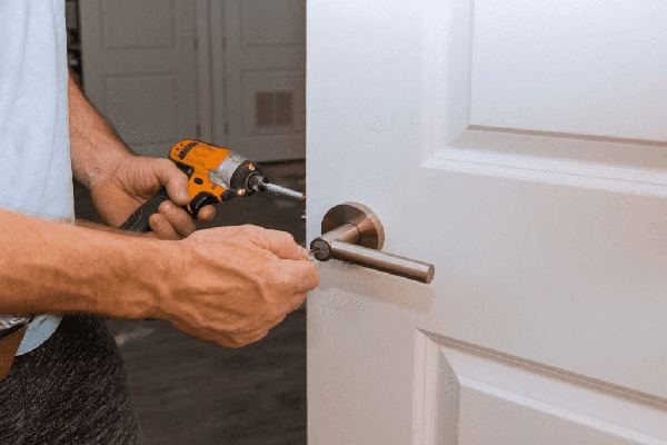 Locksmith using a cordless screwdriver to fit a lever handle on a white door